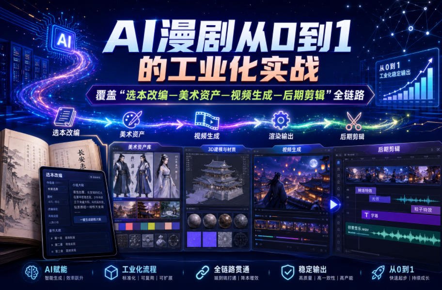 AI漫剧从0到1的工业化实战，覆盖&ldquo;选本改编&mdash;美术资产&mdash;视频生成&mdash;后期剪辑&rdquo;全链路课程