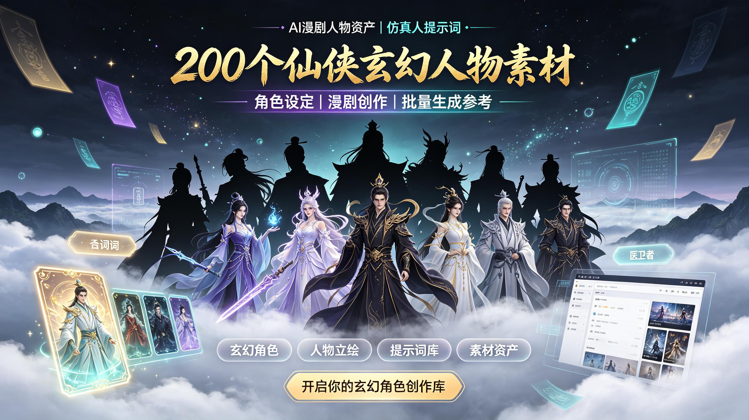 200个仙侠玄幻人物素材ai漫剧人物资产仿真人提示词